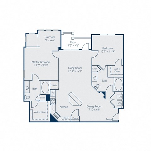 Floor plan for 2 beds, 2 baths, 1290 sqft